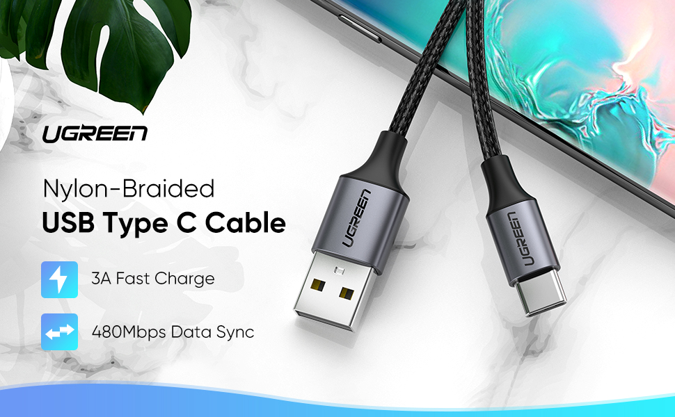 მობილურის USB დამტენი UGREEN 60128 USB 2.0 A to USB-C Cable Nickel Plating Aluminum Braid 2m