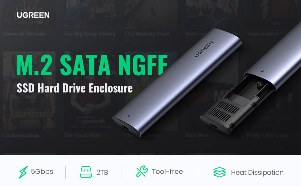 UGREEN 10903 M.2 SATA NGFF SSD Enclosure, Aluminum USB 3.1 Gen 2 to B-Key 6Gbps