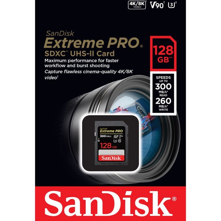 SanDisk 128GB Extreme PRO SDXC UHS-II Memory Card, V90, 8K, 300MB/s
