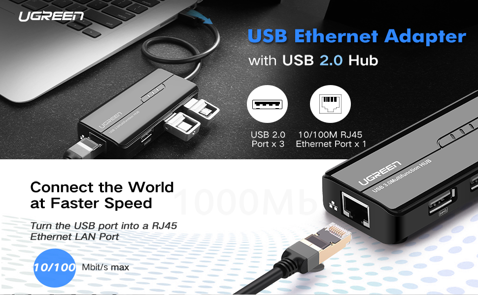 UGREEN 20264 USB 2.0 10/100Mbps USB to Lan + 3 Port USB HUB Network Adapter