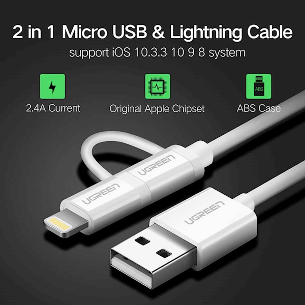 USB კაბელი UGREEN US178 (20876), USB 2.0 to Micro USB+Lightning (2 in 1) Data Cable, 1m, White