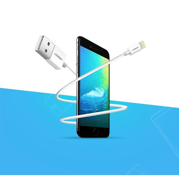 USB კაბელი UGREEN 20730 MFi USB 2.0 A Male to Lightning Male Cable Nickel Plating ABS Shell 2m (White)