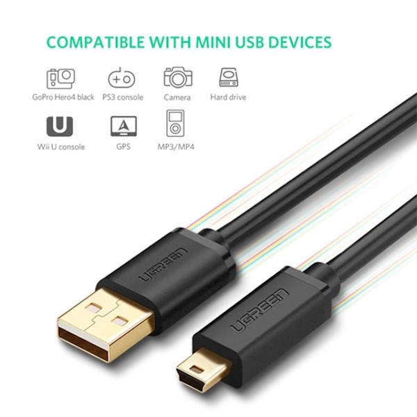 USB კაბელი UGREEN US132 (10386) USB 2.0 A Male to Mini 5 Pin Male Cable 3m (Black)