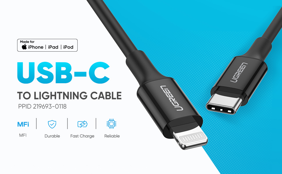 USB-C კაბელი UGREEN 60751, MFi, USB-C to Lightning Cable M/M Nickel Plating ABS Shell 1m (Black)