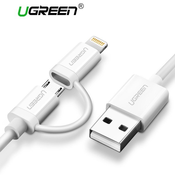 USB კაბელი UGREEN US178 (20876), USB 2.0 to Micro USB+Lightning (2 in 1) Data Cable, 1m, White