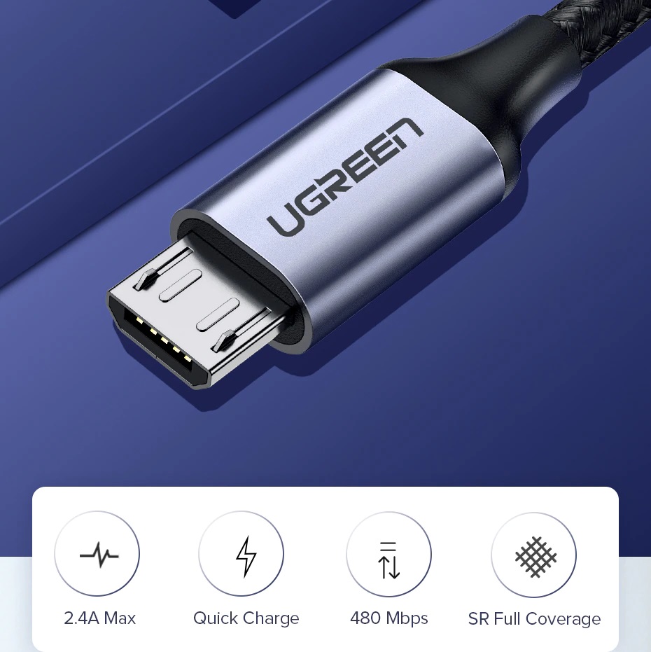 USB კაბელი UGREEN US290 (60148), USB 2.0 to Micro USB Cable, 2m, Black