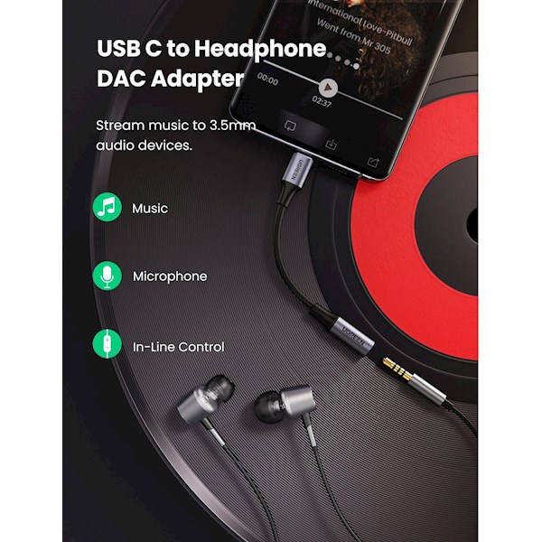 აუდიო ადაპტერი UGREEN 80154 USB-C to Aux 3.5mm Female Audio Headphone Adapter for Samsung, Google Pixel, Apple 10cm (Space Gray)