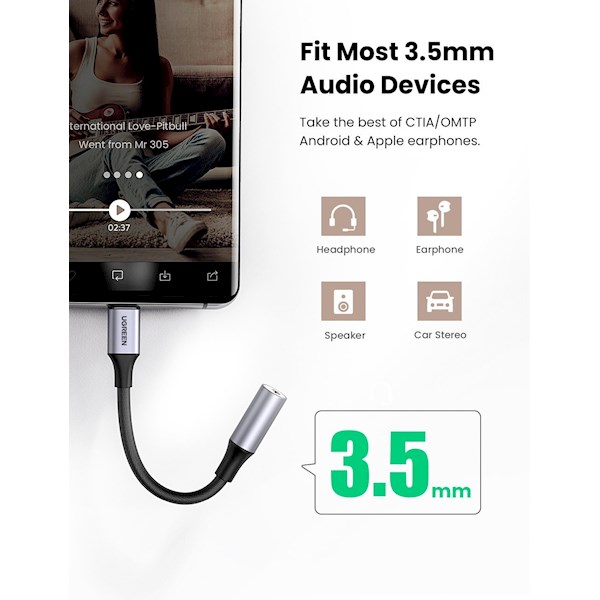 აუდიო ადაპტერი UGREEN 80154 USB-C to Aux 3.5mm Female Audio Headphone Adapter for Samsung, Google Pixel, Apple 10cm (Space Gray)
