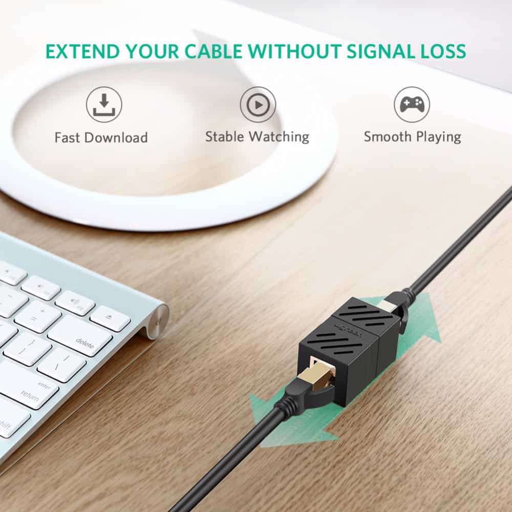 ქსელის კაბელის გადასაბმელი UGREEN NW114 (20390) RJ45 Cat7 / 6 / 5e Ethernet Adapter 8P8C Network Extender Extension Cable for Ethernet Female Cable (Black)