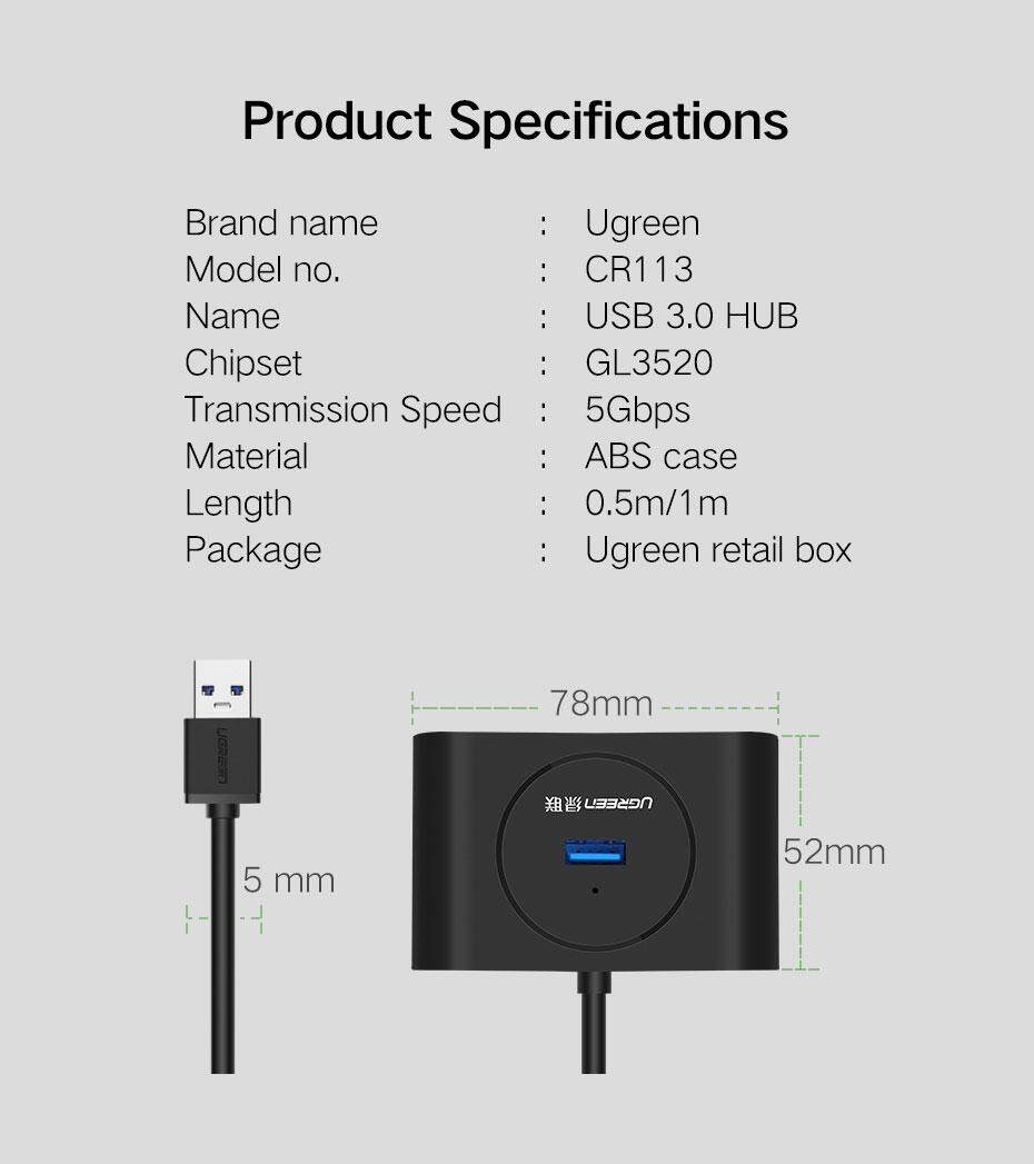 USB ჰაბი UGREEN CR113 (20291) NEW USB 3.0 4 Ports Hub with 2.0 OTG Black 1M