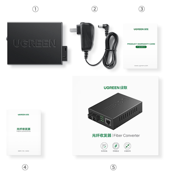 ქსელის კონვერტერი UGREEN CM330 (80169), 1000Mbps Single Model Double Fibers Converter 1 Piece Media Converter, Black