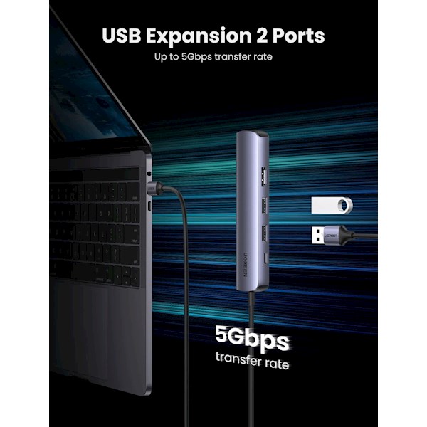USB-C ჰაბი UGREEN CM418 (10919) Type-C 5-in-1 Ultra Slim Hub, 2xUSB 3.0, HDMI, RJ45, PD, Gray