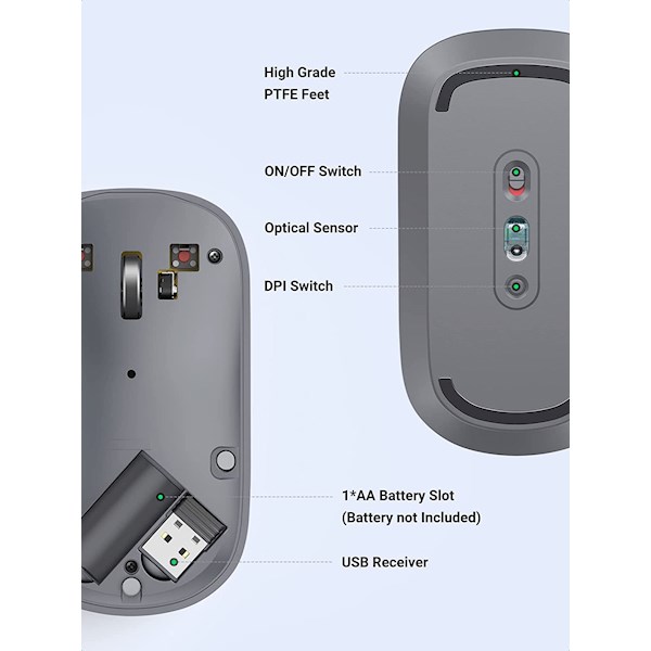 მაუსი UGREEN MU001 (90373) Wireless 2.4G Slim Silent Mouse, 4000DP, Gray