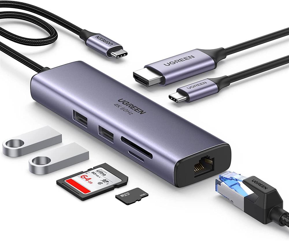 USB-C ჰაბი UGREEN CM512 (60515) Type-C USB-C Multifunction Adapter, 2xUSB3.0, HDMI, SD/TF, PD 100W, RJ45, Gray