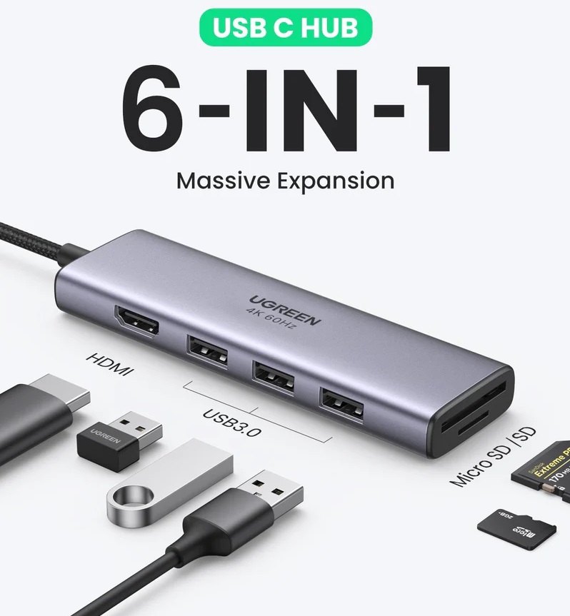 USB-C ჰაბი UGREEN CM511 (60383) 6-in1 Multifunction Type-C USB-C Adapter, 3xUSB3.0, HDMI, SD/TF, Silver