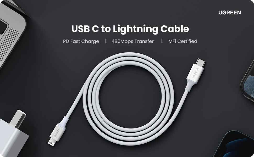 მობილურის USB დამტენი UGREEN 60749 MFi USB-C to Lightning M/M Cable Rubber Shell 2m (White)