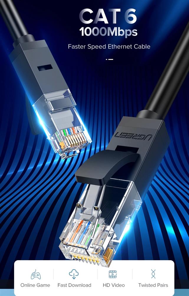 ქსელის კაბელი UGREEN NW102 (20158) Cat 6 Patch Cord UTP Lan Cable, 0.5m, Black