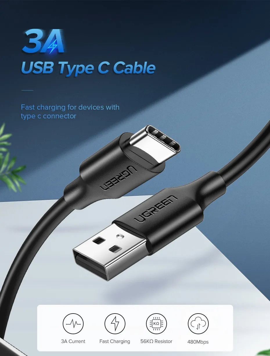 დამტენი USB UGREEN US287 (60116) USB 2.0 A to Type C Cable Nickel Plating 1m (Black)