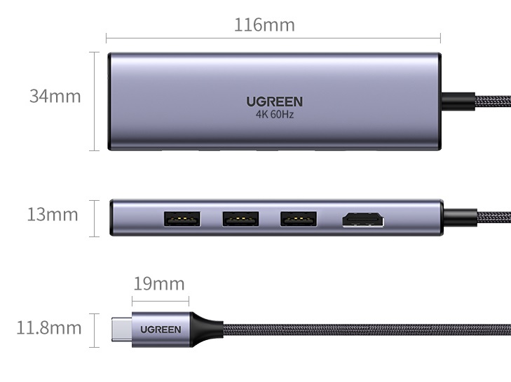 USB-C ჰაბი UGREEN CM511 (60383) 6-in1 Multifunction Type-C USB-C Adapter, 3xUSB3.0, HDMI, SD/TF, Silver