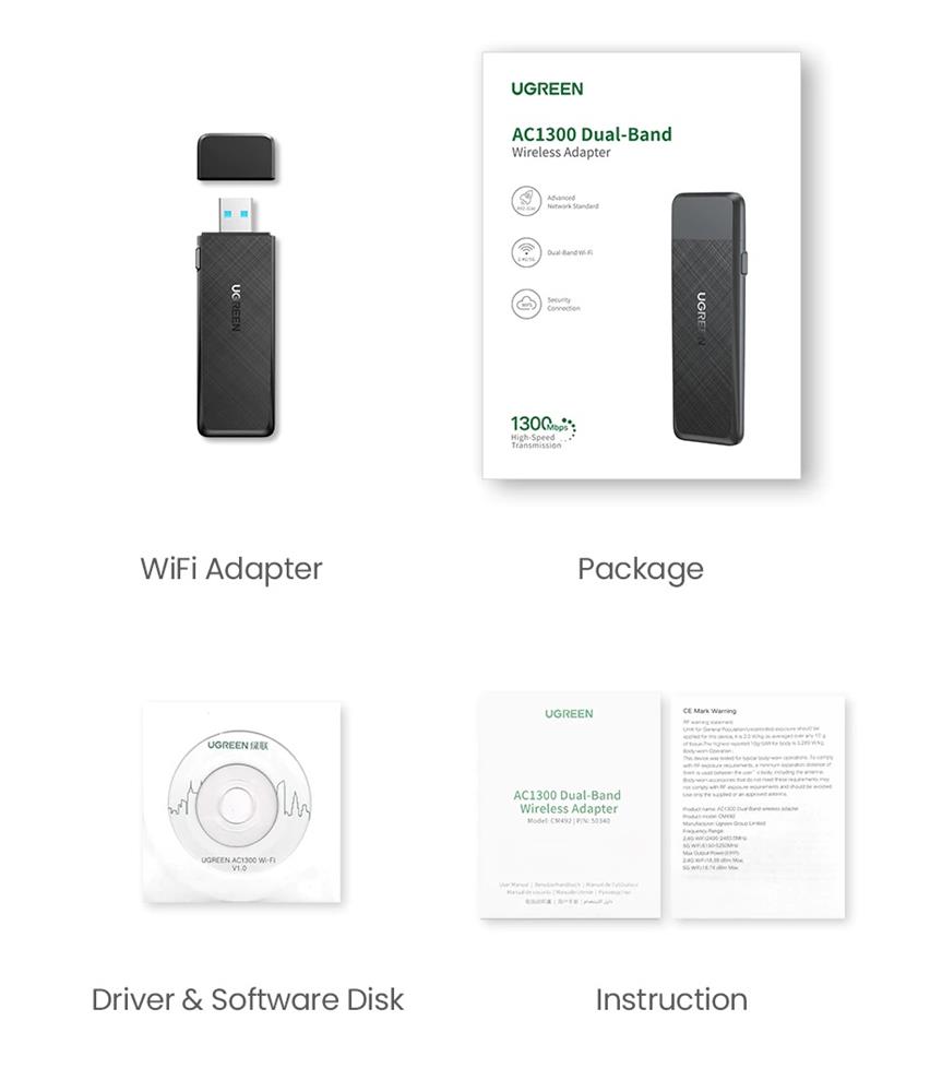 Wi-Fi ადაპტერი UGREEN CM492 (50340) AC1300 Wireless Network Adapter, USB3.0, 1300Mbps, Black