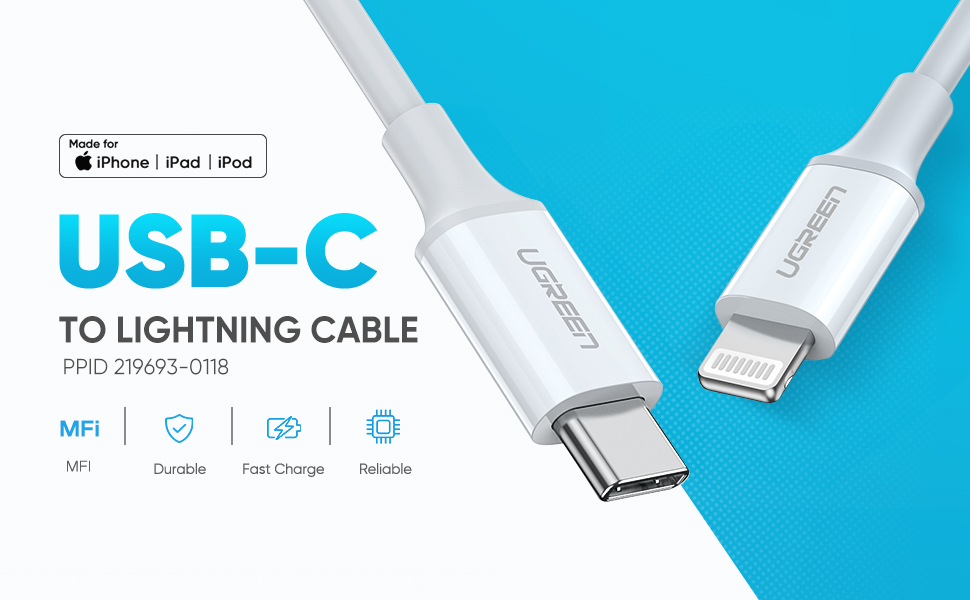 მობილურის USB დამტენი UGREEN 60749 MFi USB-C to Lightning M/M Cable Rubber Shell 2m (White)
