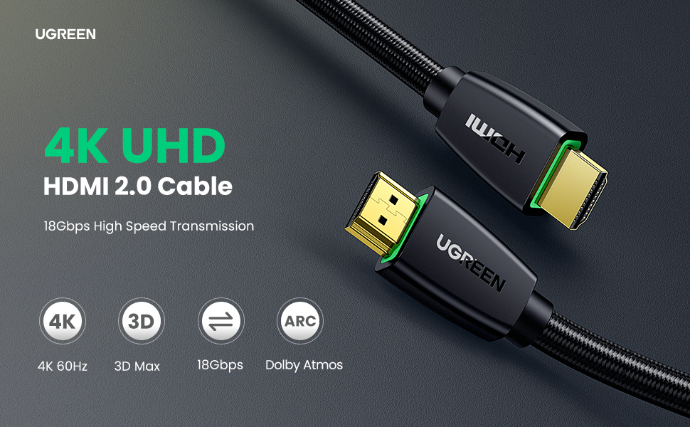 HDMI კაბელი UGREEN HD118 (40410) 4K UHD High Speed HDMI 2.0 Cable, 2m, Black