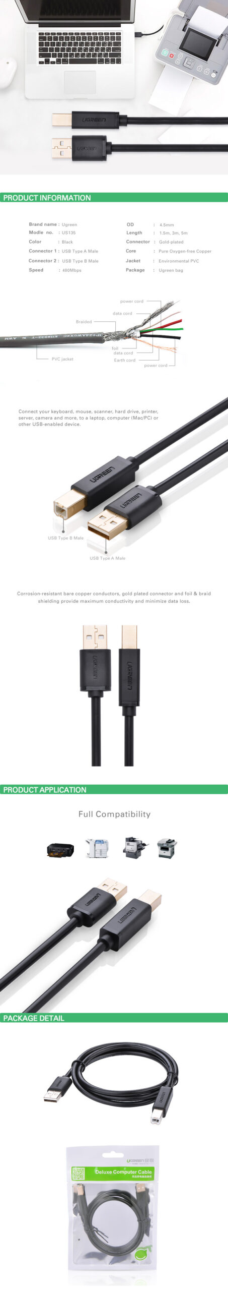 პრინტერის კაბელი UGREEN US135 (20847) USB 2.0 AM to BM Print Cable 2M Gold-Plated (Black) 2M