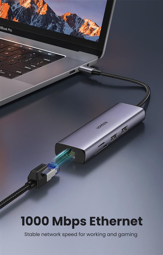 USB ჰაბი UGREEN CM512 (90568), USB-C, USB, HDMI, RJ45, SD, TF, Hub, Gray