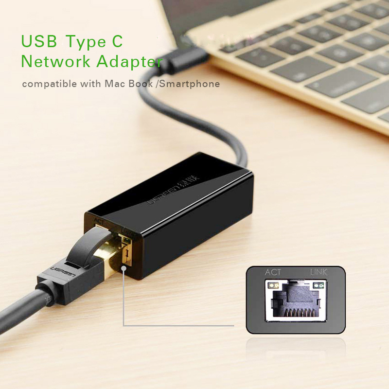 ლან ადაპტერი UGREEN 30287 USB 2.0 Type C 10/100Mbps Ethernet Adapter 110mm (Black)