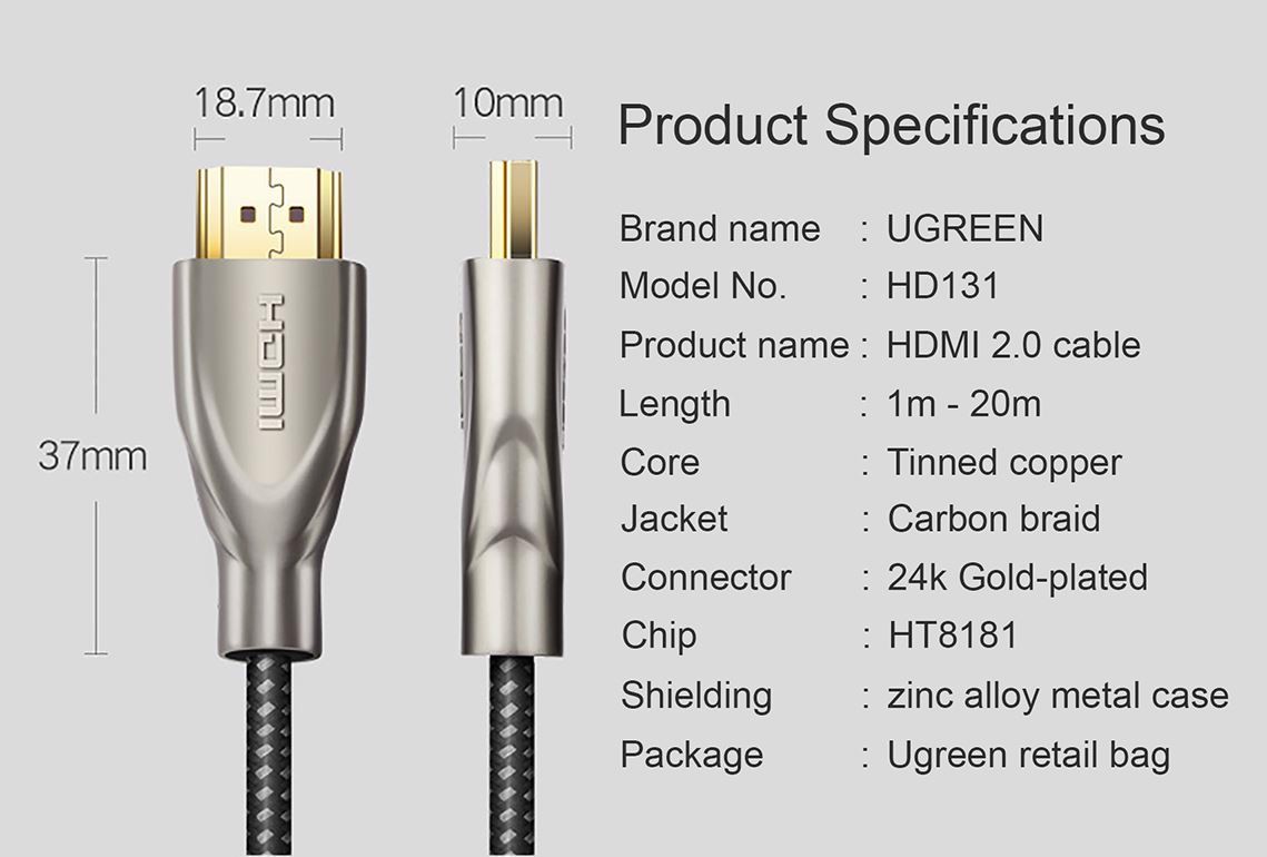 HDMI კაბელი UGREEN 50108, HDMI 2.0 4K Carbon Fiber Zinc Alloy Cable, 2m, Gray