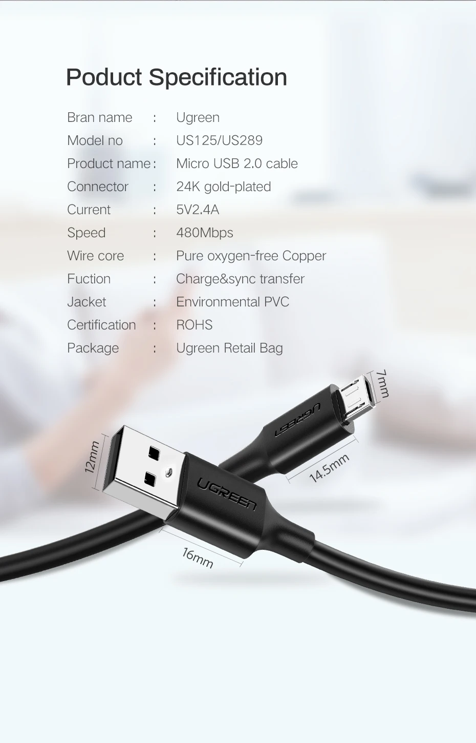 USB კაბელი UGREEN US289 (60136) USB 2.0 to Micro USB 1m Black