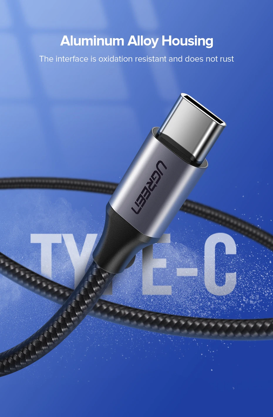 USB კაბელი Ugreen US288 (60126) UGREEN USB 2.0 A to Type C Cable Nickel Plating Aluminum Braid 1m (Black)