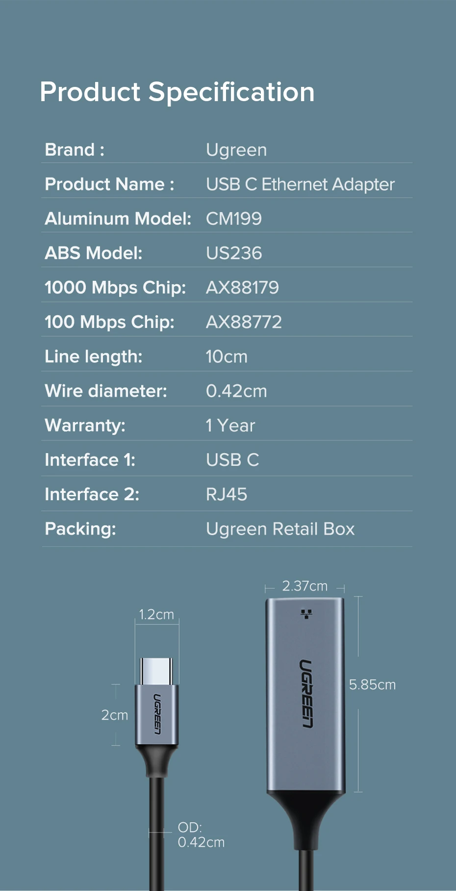 USB ქსელის ადაპტერი UGREEN CM199 (50737) USB Type C to 10/100/1000M Ethernet Adapter (Space Gray)