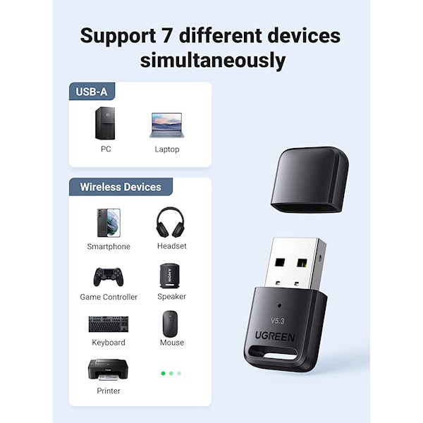 Bluetooth ადაპტერი UGREEN CM591 (90225), USB Bluetooth Adapter, Black