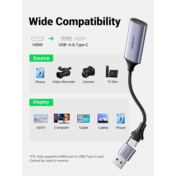 Video Capture Card UGREEN CM489 (40189), 4K HDMI to USB/USB-C, Type-c, HDMI Video Grabber Box for Live Stream, Silver