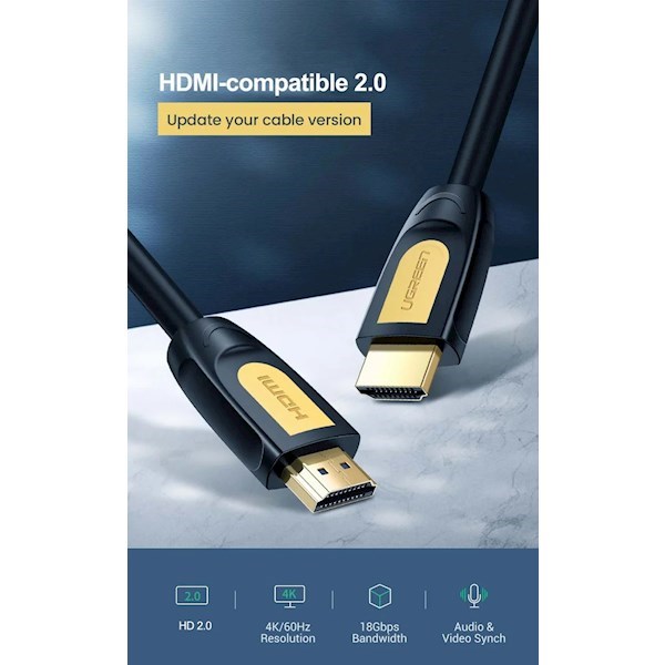 HDMI კაბელი UGREEN HD101 (10170) HDMI to HDMI Cable, 10m, Yellow/Black