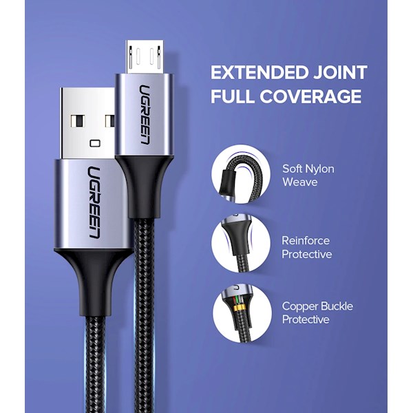 USB კაბელი UGREEN US290 (60146) USB 2.0 to Micro USB Cable, 1m, Black