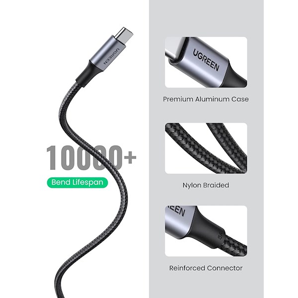 USB კაბელი UGREEN US316 (70427) USB Type-C to Type-C 100W PD Fast Charging Cable, 1m, Black