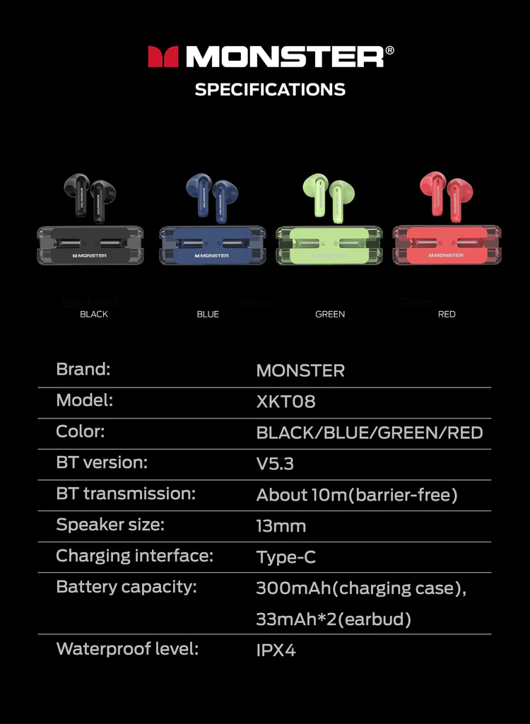 MONSTER AIRMARS XKT08 True Wireless Gaming Earphones ყურსასმენი