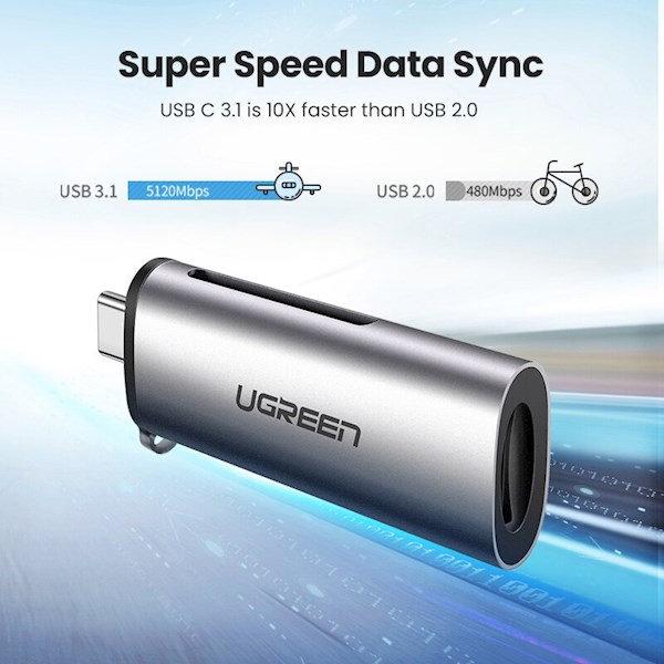 ბარათის წამკითხველი UGREEN CM184 (50704) USB-C to TF / SD Card Reader, Silver Type-C
