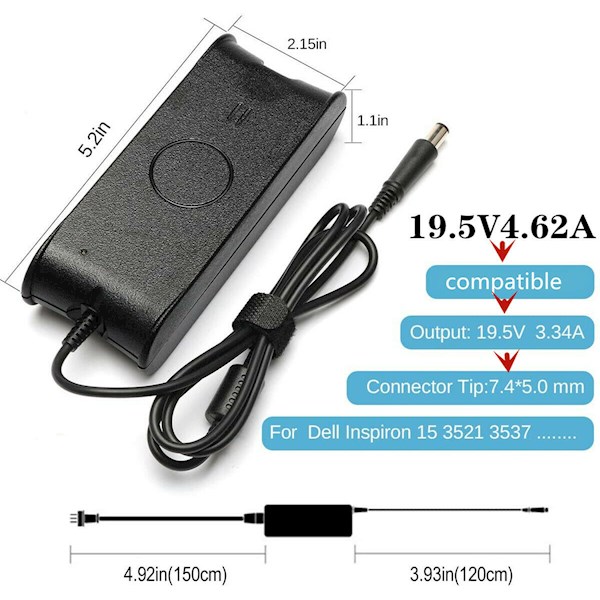 ნოუთბუქის დამტენი DELL ADAPTOR 90W 19.5V 4.62A Connector size: 7.4*5.0 mm