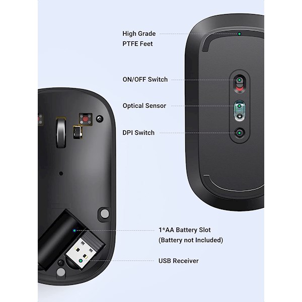 მაუსი UGREEN MU001 (90372) Wireless 2.4G Slim Silent Mouse, 4000DP, Light Black