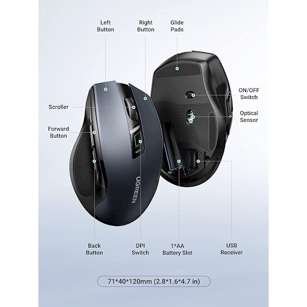 მაუსი UGREEN MU006 (90545) Ergonomic Wireless 2.4G Mouse, 4000DPI, Silence Design, Black