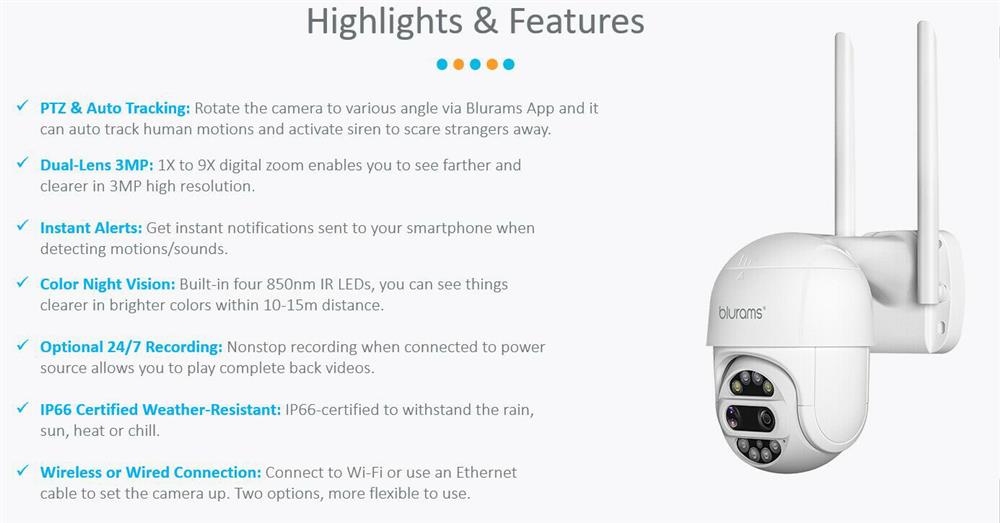 ვიდეო სათვალთვალო კამერა Blurams S21C PTZ Outdoor Lite Security Camera, Dual-Lens, 2K 3MP, 2-Way Audio, Color Night Vision, White