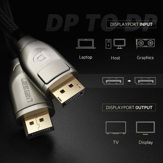 ვიდეო კაბელი UGREEN DP107 (30120), DisplayPort To DisplayPort, 2m, Gold/Black
