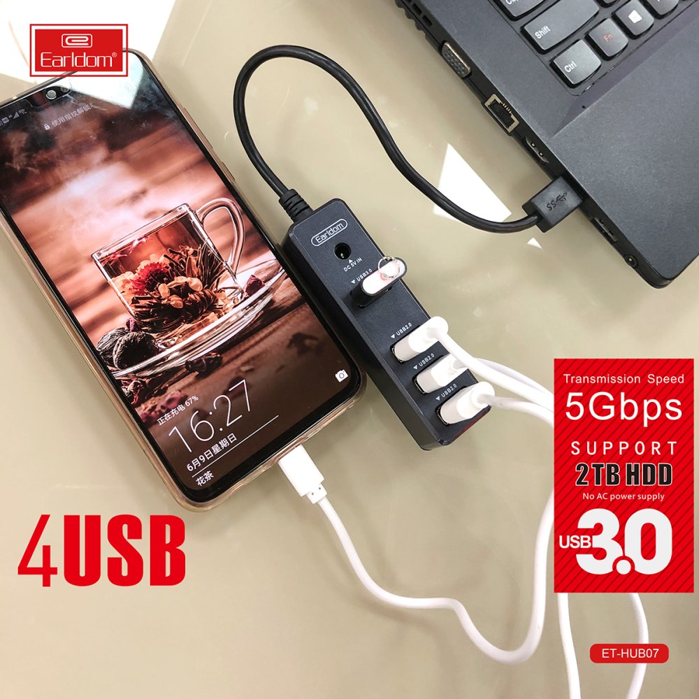 Earldom HUB07 4 IN 1 Hub, Plug and Play USB, USB 2.0, USB 3.0 - Black