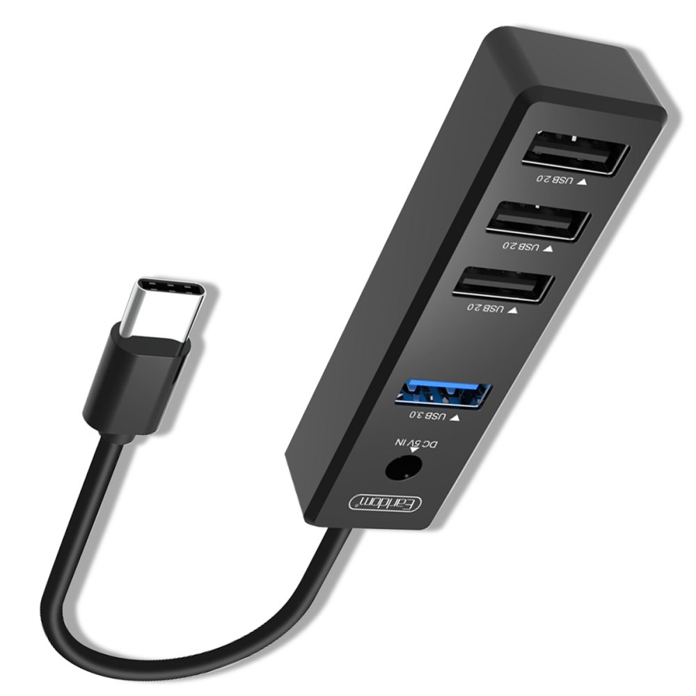 Earldom HUB08 4 IN 1 Hub, Plug and Play USB, 3 USB 2.0 and 1 USB 3.0 Outputs - Black