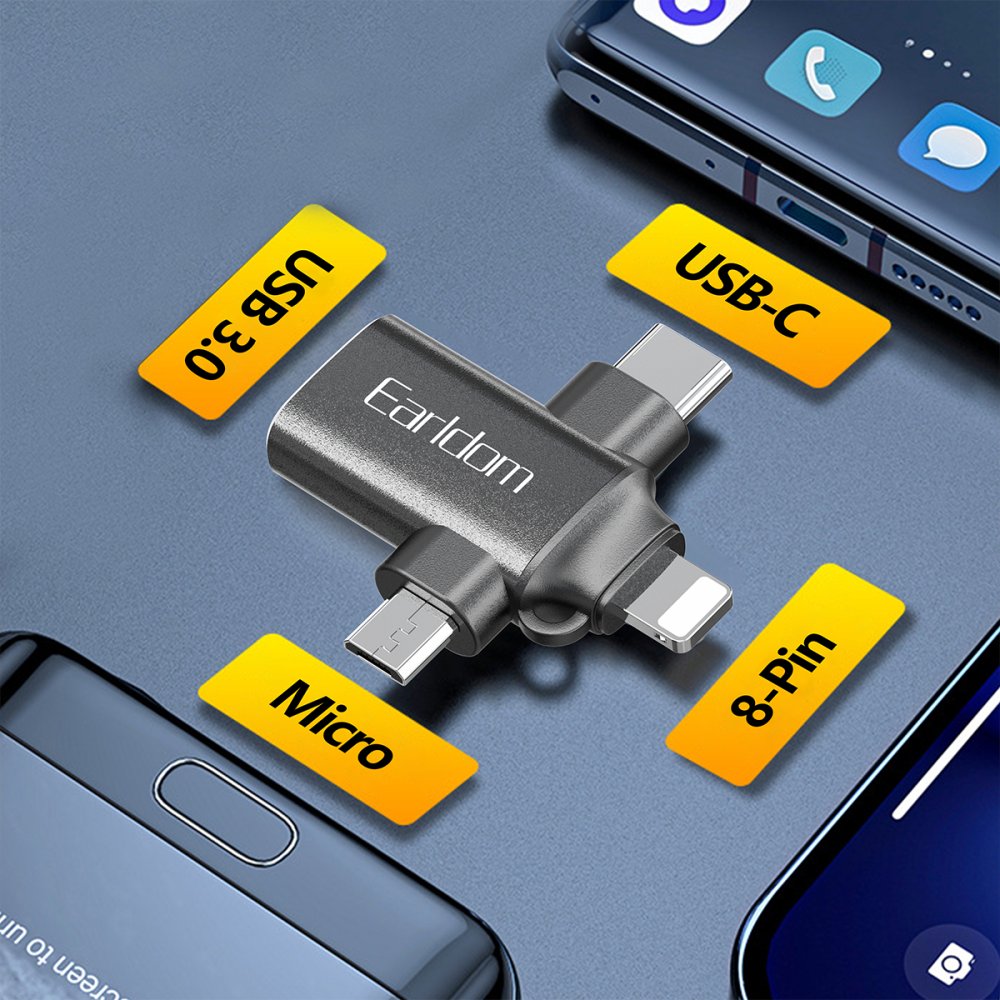 Earldom OT80 3in1 Converter USB 3.0 OTG To Micro USB / Lightning / USB-C- Black