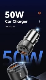 მანქანის USB დამტენი Toocki Dual USB Car Charger 50W, 1x USB-C, 1x USB-A, TCCAC-LL01 Black