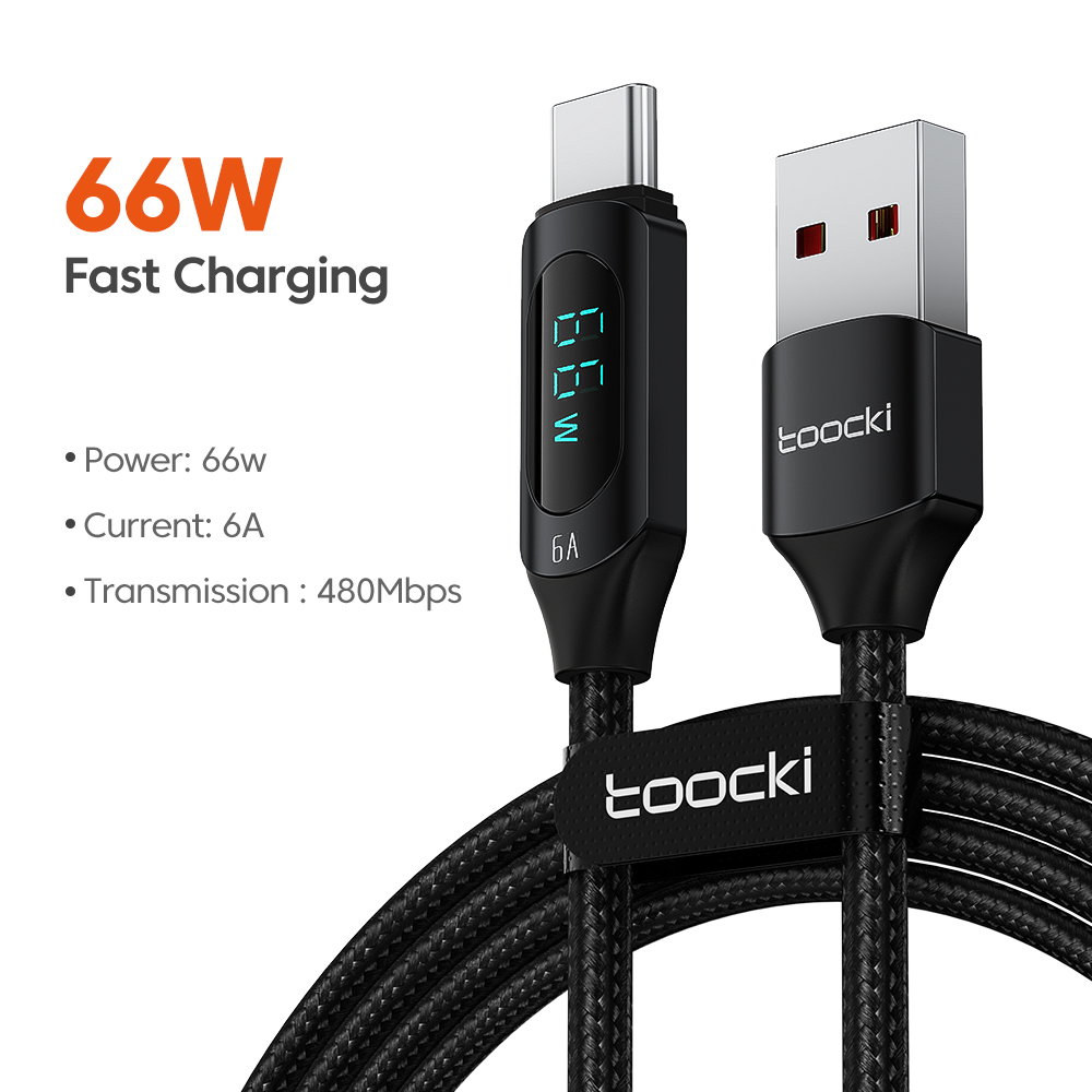 Toocki 6A 66W USB A To USB-C Cable With LED Digital Display Type-C, 1M TXCT-XY01 Black
